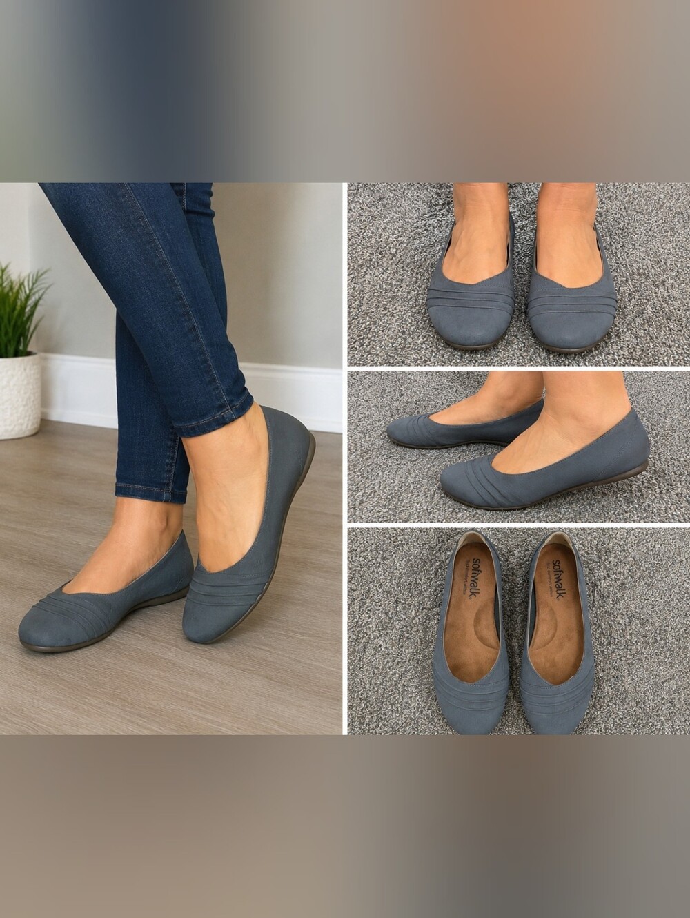 SoftWalk Women's 8.5W Gray Leather Comfort Ballet Flats Wide Slip On Casual Shoe